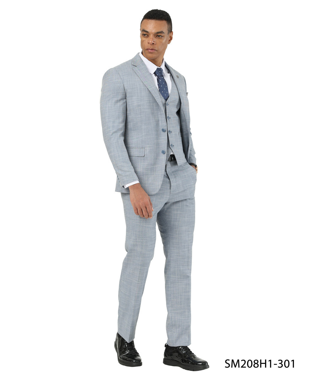 Light Blue Crosshatch Pattern Notch Lapel 3 Piece Stacy Adams Men' Suit