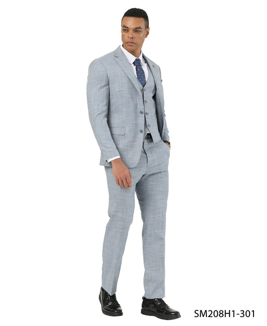 Light Blue Crosshatch Pattern Notch Lapel 3 Piece Stacy Adams Men' Suit