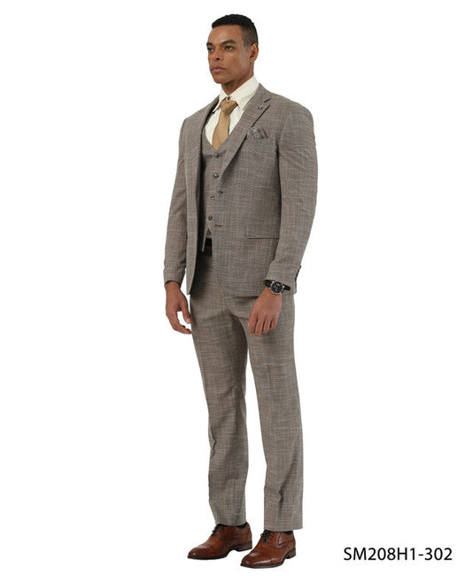 Brown Crosshatch Pattern Notch Lapel 3 Piece Stacy Adams Men' Suit