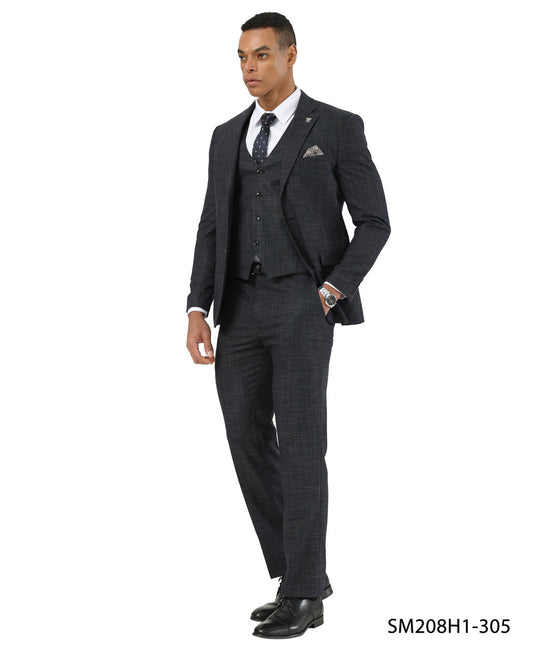 Black Crosshatch Pattern Notch Lapel 3 Piece Stacy Adams Men' Suit