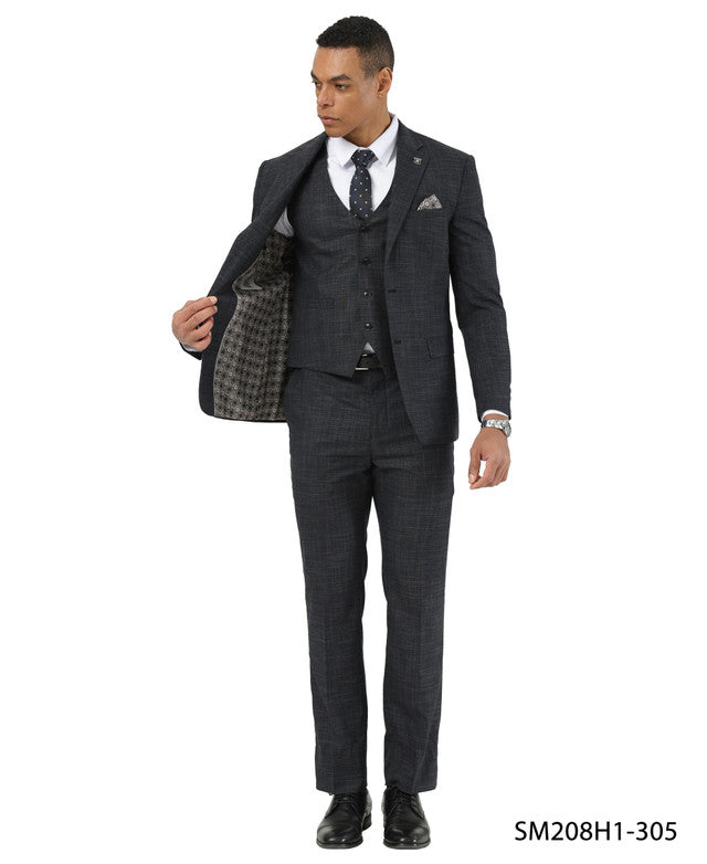 Black Crosshatch Pattern Notch Lapel 3 Piece Stacy Adams Men' Suit