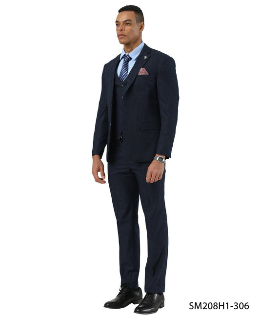 Navy Crosshatch Pattern Notch Lapel 3 Piece Stacy Adams Men' Suit