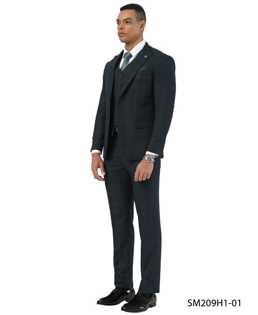 Green Glen Plaid Peak Lapel 3 Piece Stacy Adams Men' Suit