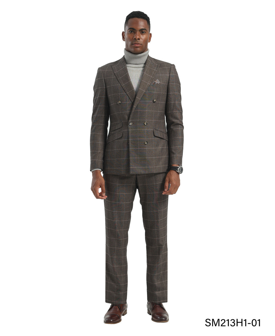 Brown Double Breasted Windowpane 2 Piece Peak Lapel Stacy Adams Men's Hybrid Suit