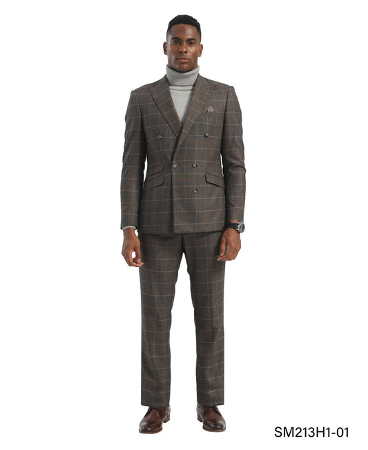 Brown Double Breasted Windowpane 2 Piece Peak Lapel Stacy Adams Men's Hybrid Suit