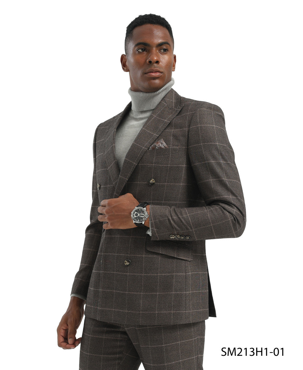Brown Double Breasted Windowpane 2 Piece Peak Lapel Stacy Adams Men's Hybrid Suit