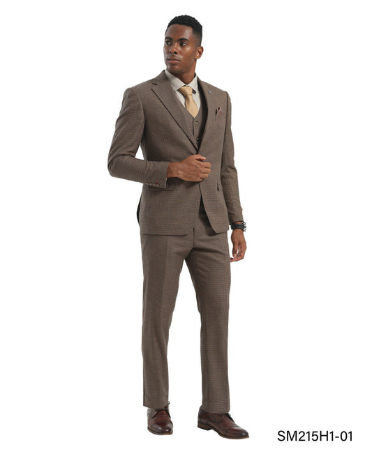 Brown Micro-Houndstooth 3 Piece Notch Lapel Stacy Adams Men's Hybrid Suit