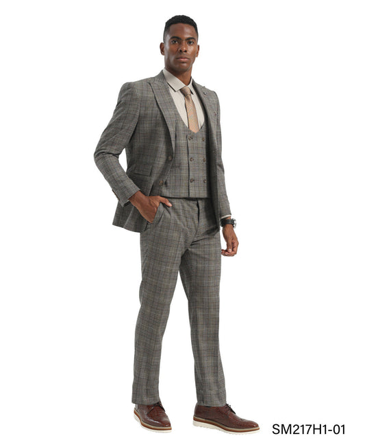 Brown/Grey Plaid 3 Piece Double Breasted Vest Peak Lapel Stacy Adams Men's Hybrid Suit