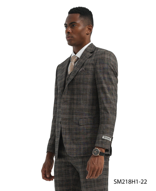 Brown Plaid 3 Piece Peak Lapel Stacy Adams Men's Hybrid Suit