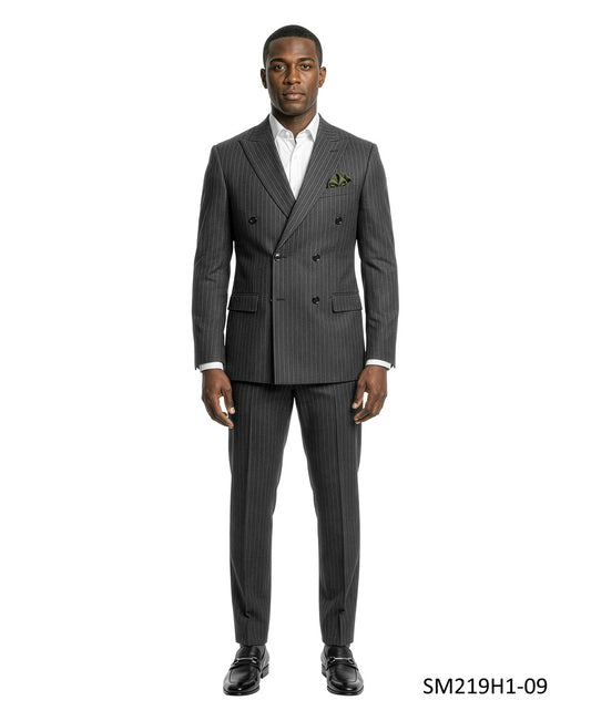 Charcoal Double Breatsed Pinstripe Peak Lapel 2 Piece Stacy Adams Men's Suit