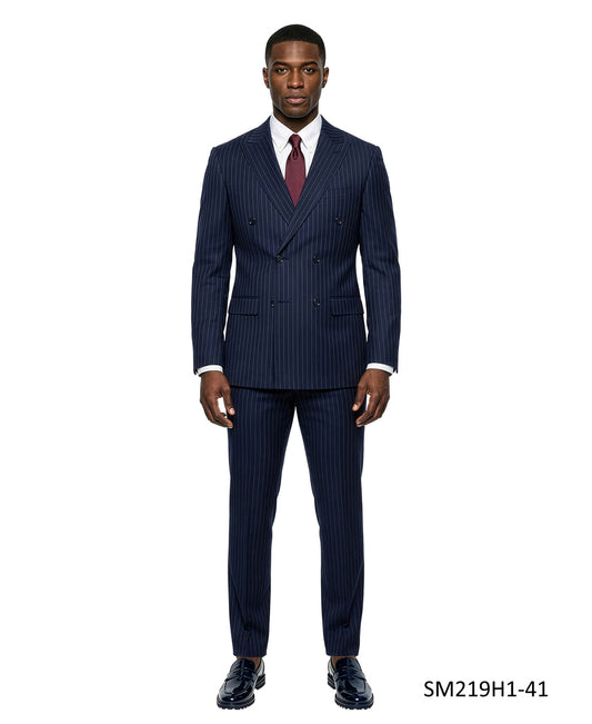 Navy Double Breatsed Pinstripe Peak Lapel 2 Piece Stacy Adams Men's Suit