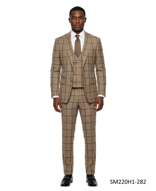 Tan Plaid Wide Peak Lapel 3 Piece Stacy Adams Men's Suit