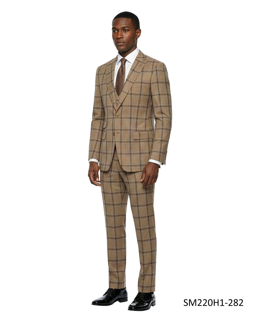 Tan Plaid Wide Peak Lapel 3 Piece Stacy Adams Men's Suit