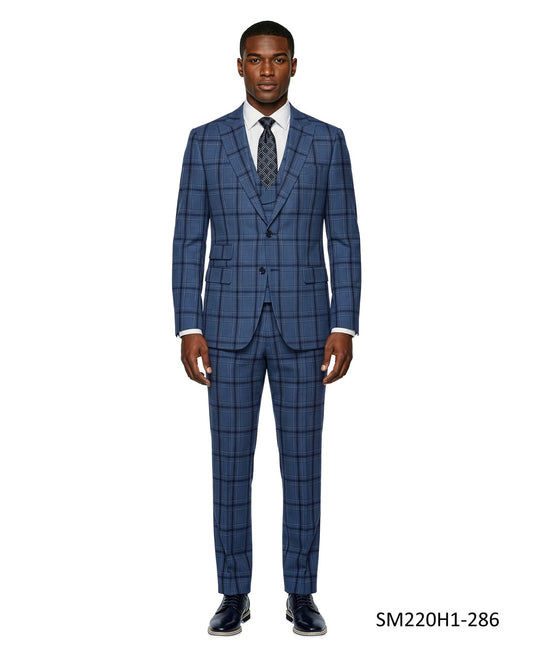 Indigo Plaid Wide Peak Lapel 3 Piece Stacy Adams Men's Suit