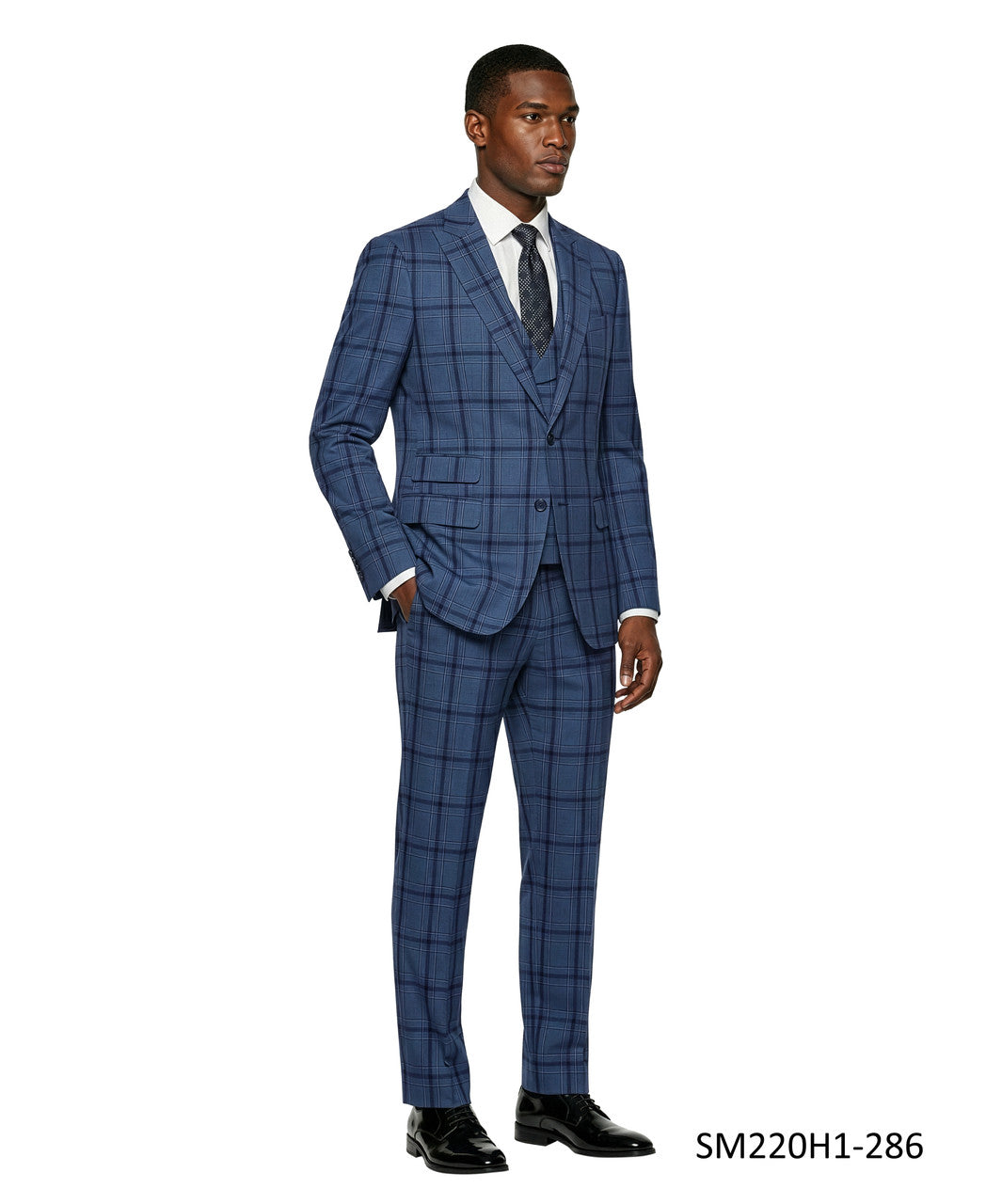Indigo Plaid Wide Peak Lapel 3 Piece Stacy Adams Men's Suit