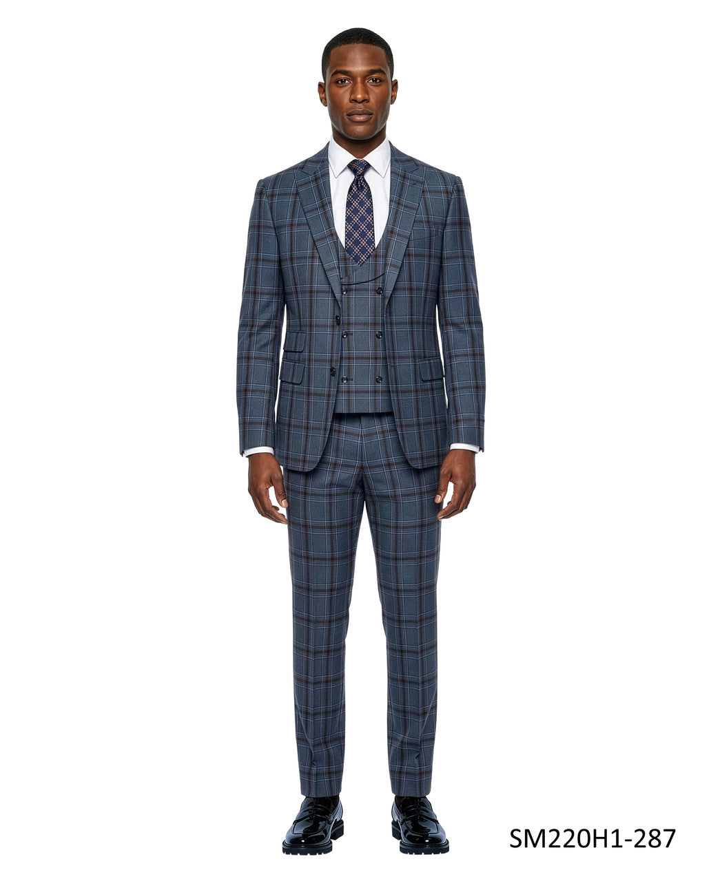 Steel Navy Plaid Wide Peak Lapel 3 Piece Stacy Adams Men's Suit
