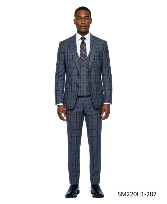 Steel Navy Plaid Wide Peak Lapel 3 Piece Stacy Adams Men's Suit