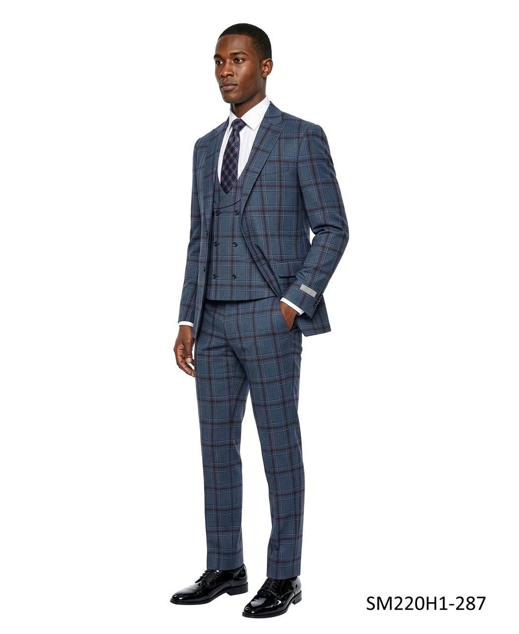 Steel Navy Plaid Wide Peak Lapel 3 Piece Stacy Adams Men's Suit