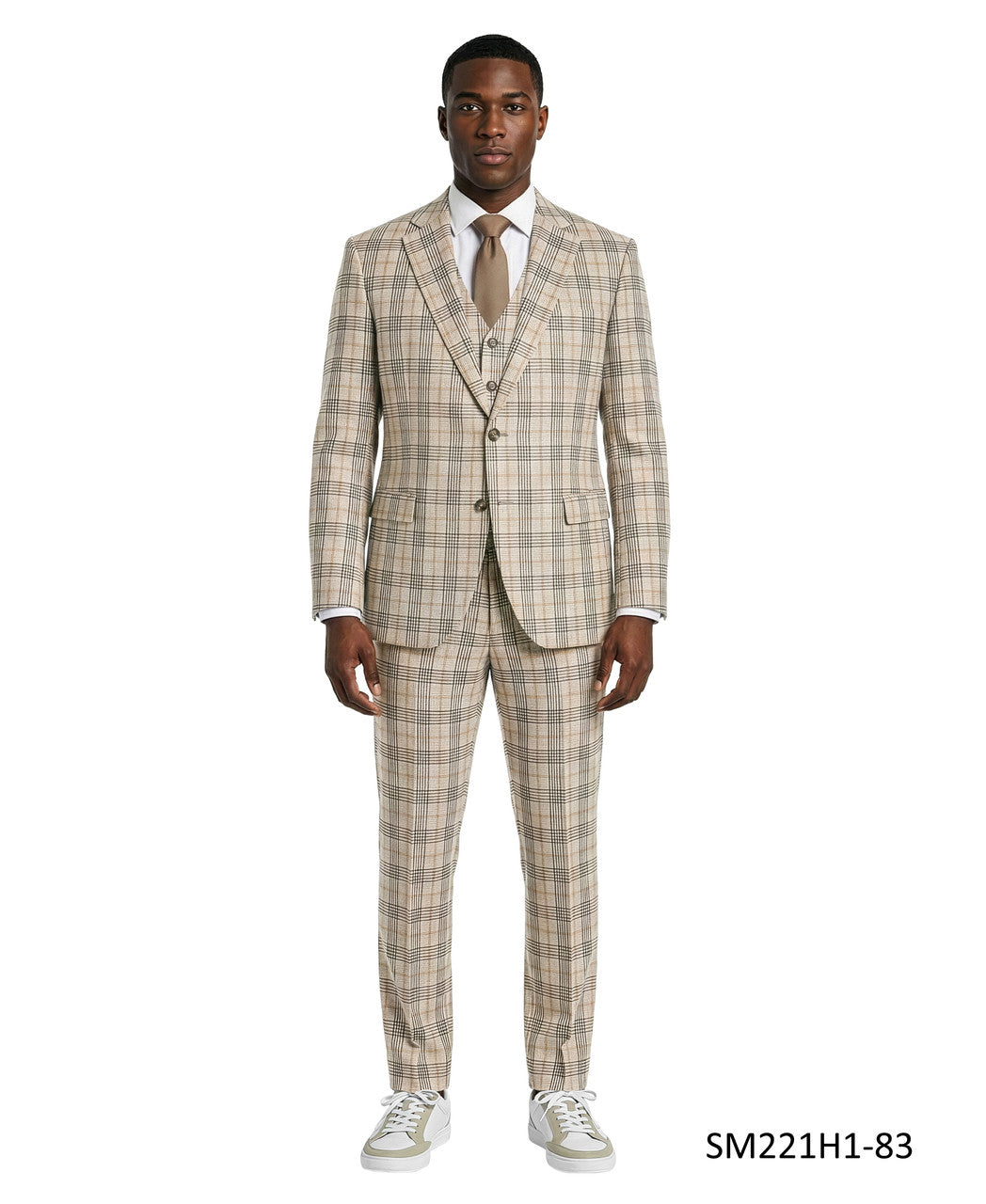 Tan Windowpane Plaid Notch Lapel 3 Piece Stacy Adams Men's Suit