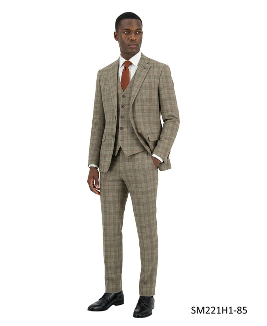 Taupe Windowpane Plaid Notch Lapel 3 Piece Stacy Adams Men's Suit