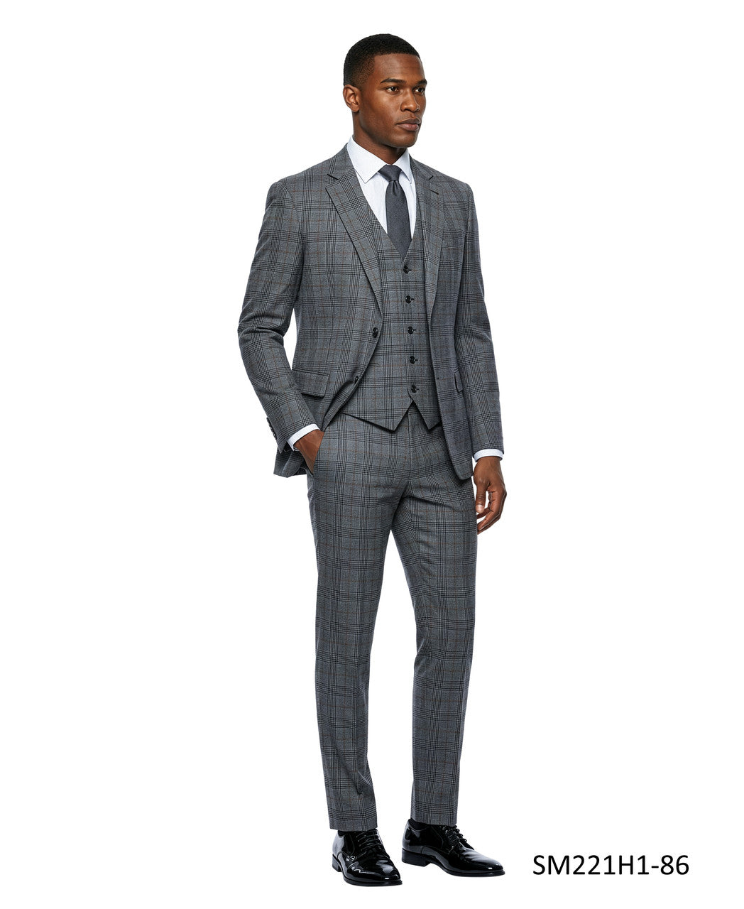 Grey Windowpane Plaid Notch Lapel 3 Piece Stacy Adams Men's Suit
