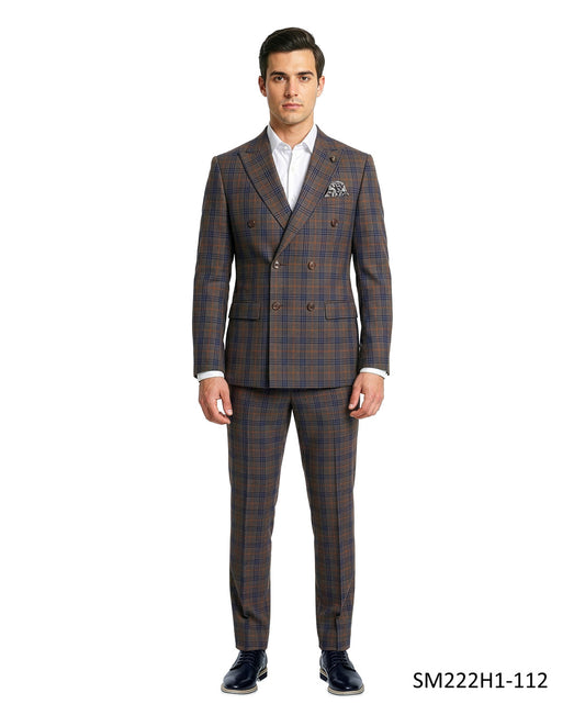 Brown Double Breatsed Plaid Peak Lapel 2 Piece Stacy Adams Men's Suit