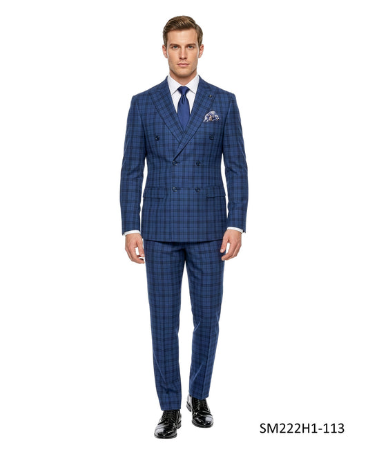 Blue Double Breatsed Plaid Peak Lapel 2 Piece Stacy Adams Men's Suit