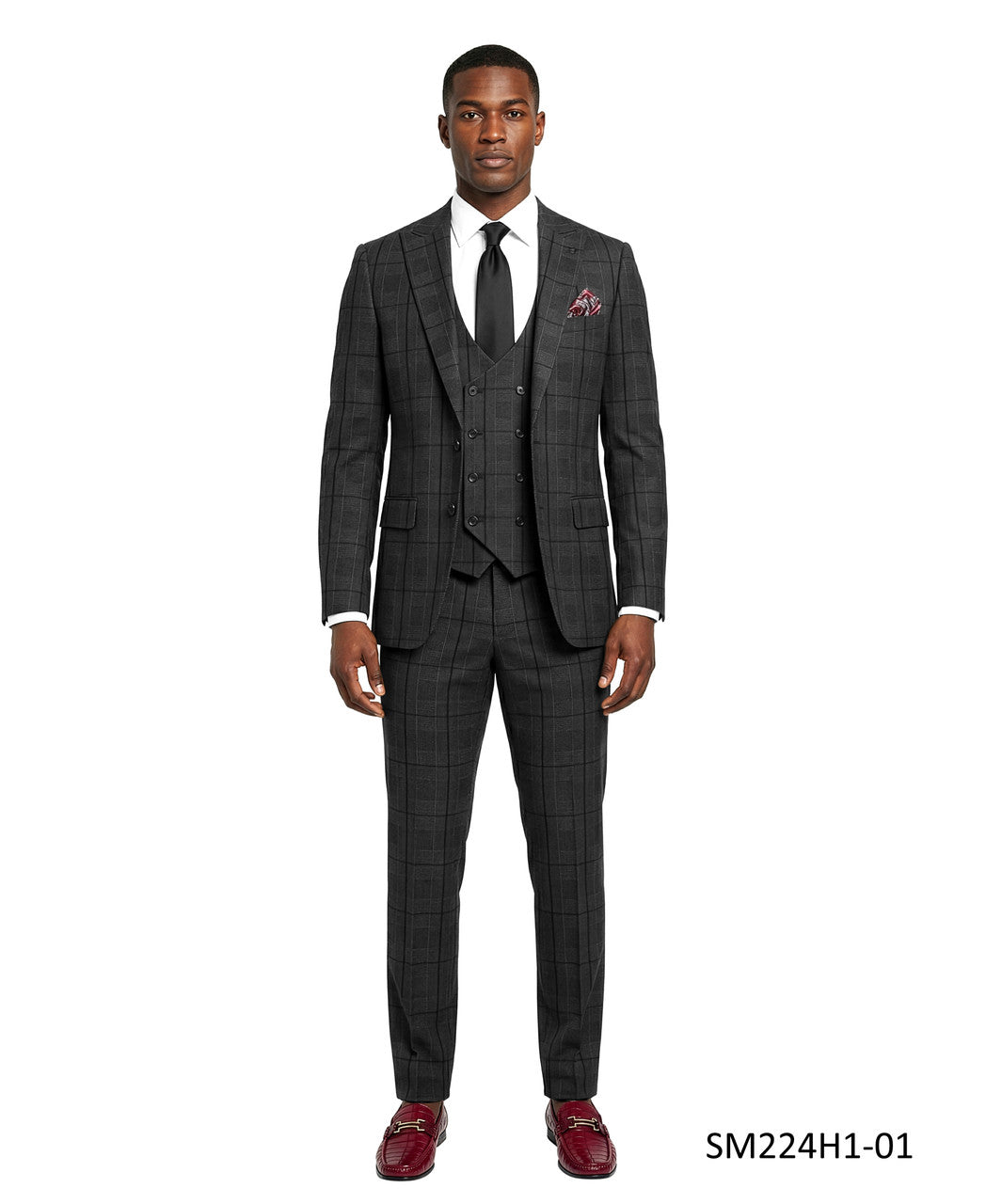 Charcoal Plaid Peak Lapel 3 Piece Stacy Adams Men's Suit