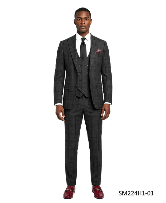 Charcoal Plaid Peak Lapel 3 Piece Stacy Adams Men's Suit