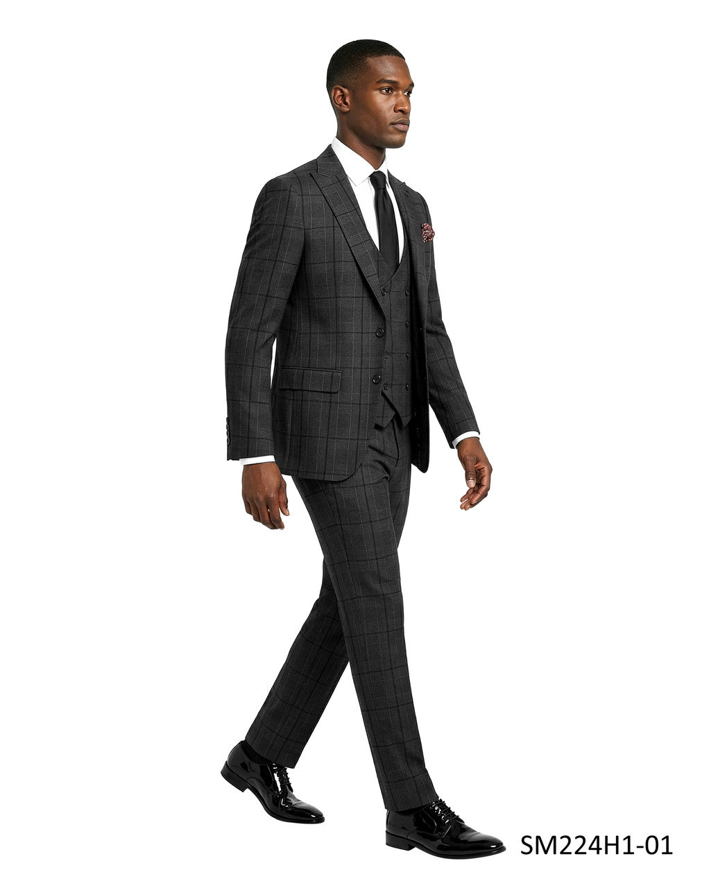 Charcoal Plaid Peak Lapel 3 Piece Stacy Adams Men's Suit