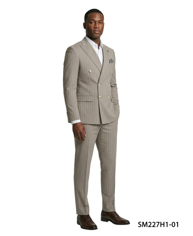 Khaki Pinstripe Double Breatsed Plaid Peak Lapel 2 Piece Stacy