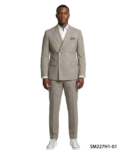 Khaki Pinstripe Double Breatsed Plaid Peak Lapel 2 Piece Stacy Adams Men's Suit