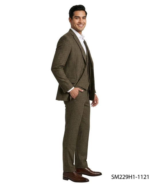 Brown Micro-Grid Textured Notch Lapel 3 Piece Stacy Adams Men's Suit