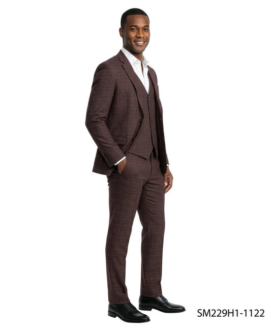 Burgundy Micro-Grid Textured Notch Lapel 3 Piece Stacy Adams Men's Suit