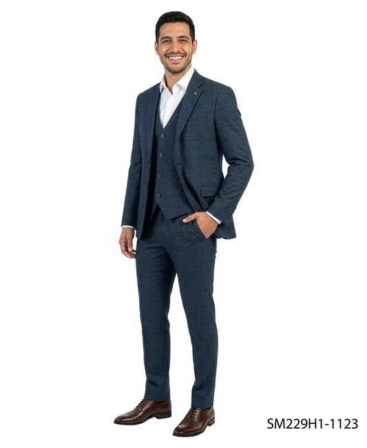 Navy Micro-Grid Textured Notch Lapel 3 Piece Stacy Adams Men's Suit