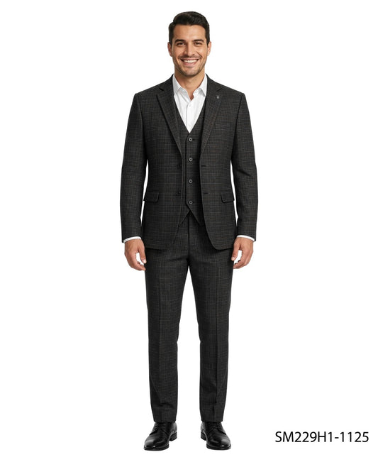Black Micro-Grid Textured Notch Lapel 3 Piece Stacy Adams Men's Suit