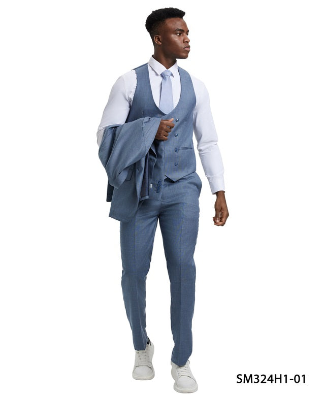 Solid Textured Sharkskin Ocean 3 Piece Notch Lapel Stacy Adams Men's Hybrid Suit