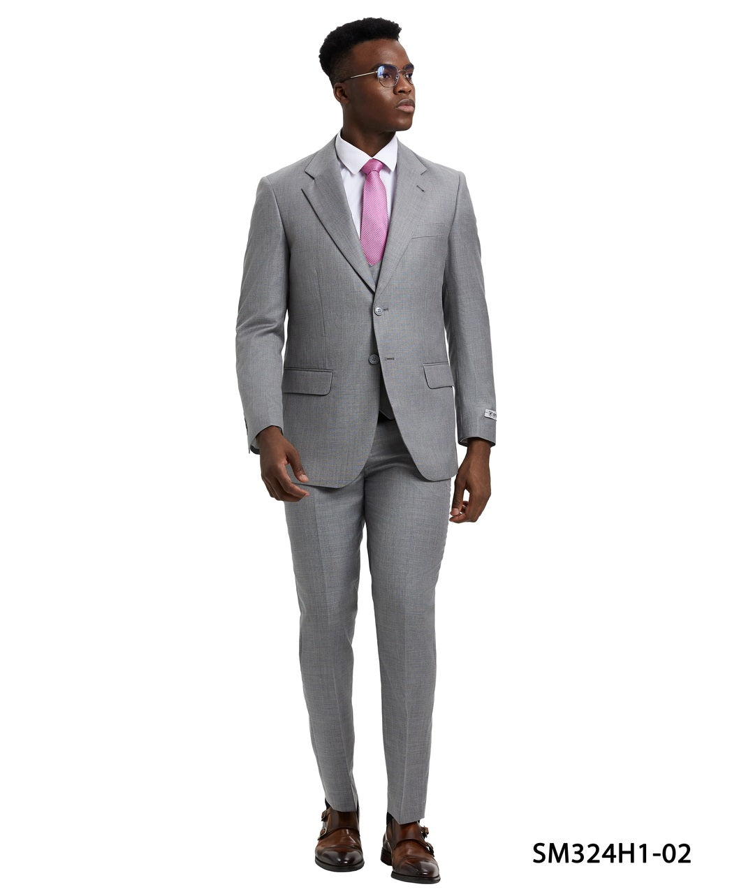 Solid Textured Sharkskin Stone Grey 3 Piece Notch Lapel Stacy Adams Men's Hybrid Suit