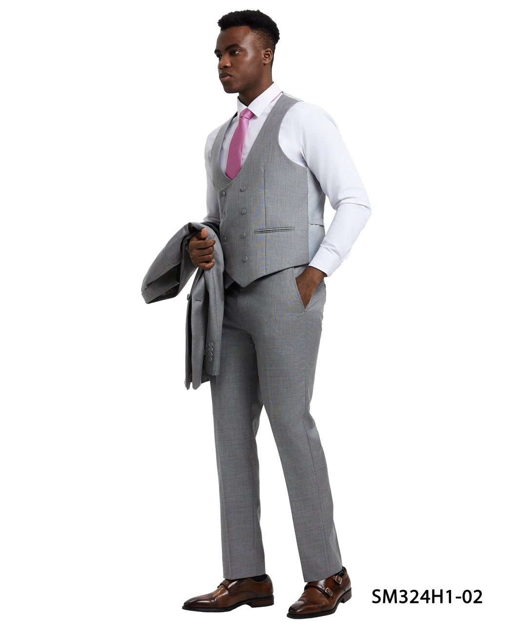 Solid Textured Sharkskin Stone Grey 3 Piece Notch Lapel Stacy Adams Men's Hybrid Suit