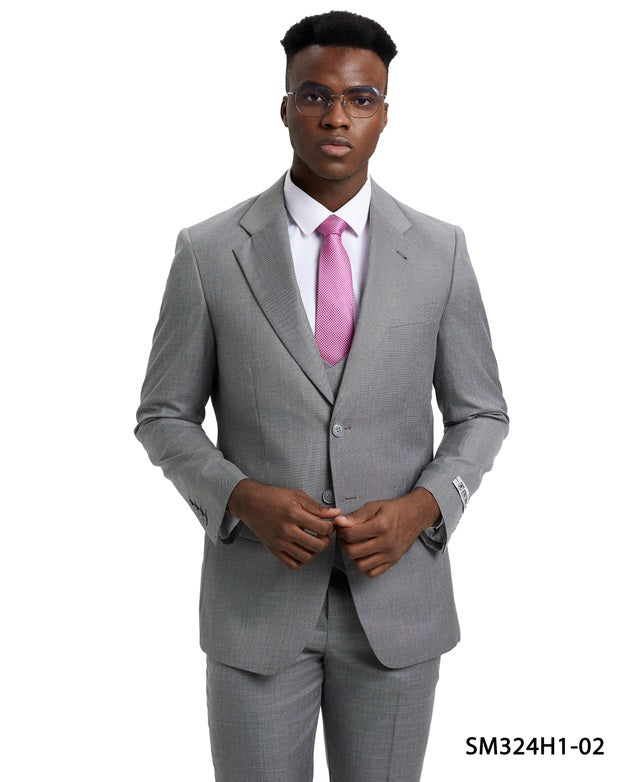 Solid Textured Sharkskin Stone Grey 3 Piece Notch Lapel Stacy Adams Men's Hybrid Suit