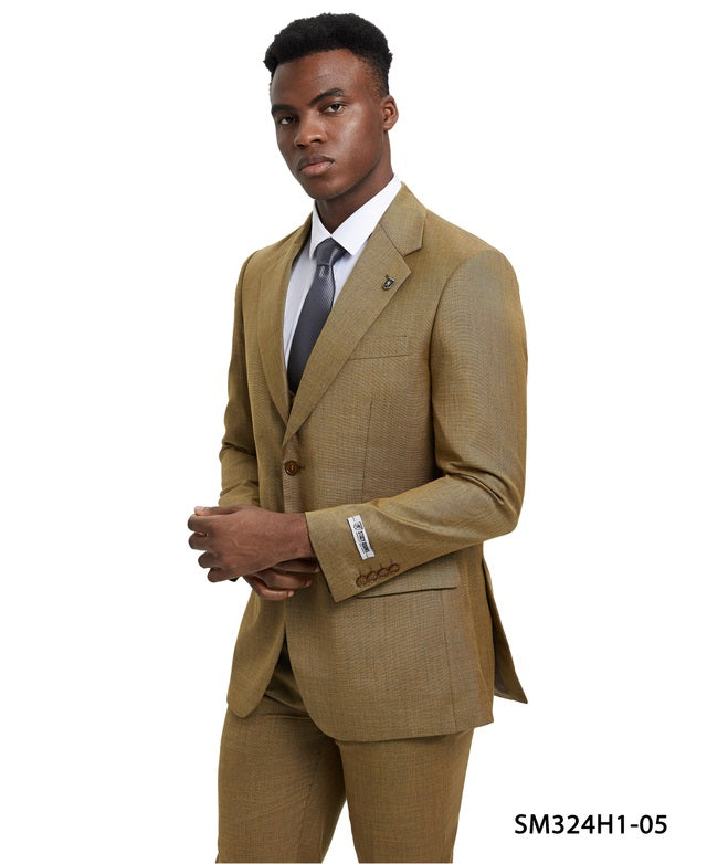 Solid Textured Sharkskin Oatmeal 3 Piece Notch Lapel Stacy Adams Men's Hybrid Suit