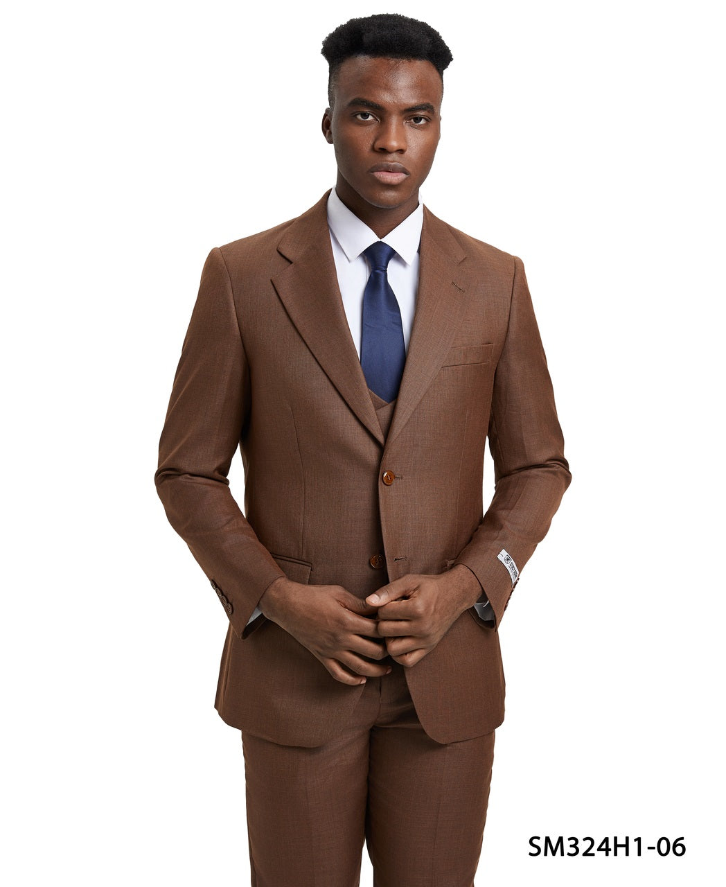 Solid Textured Sharkskin Cognac 3 Piece Notch Lapel Stacy Adams Men's Hybrid Suit