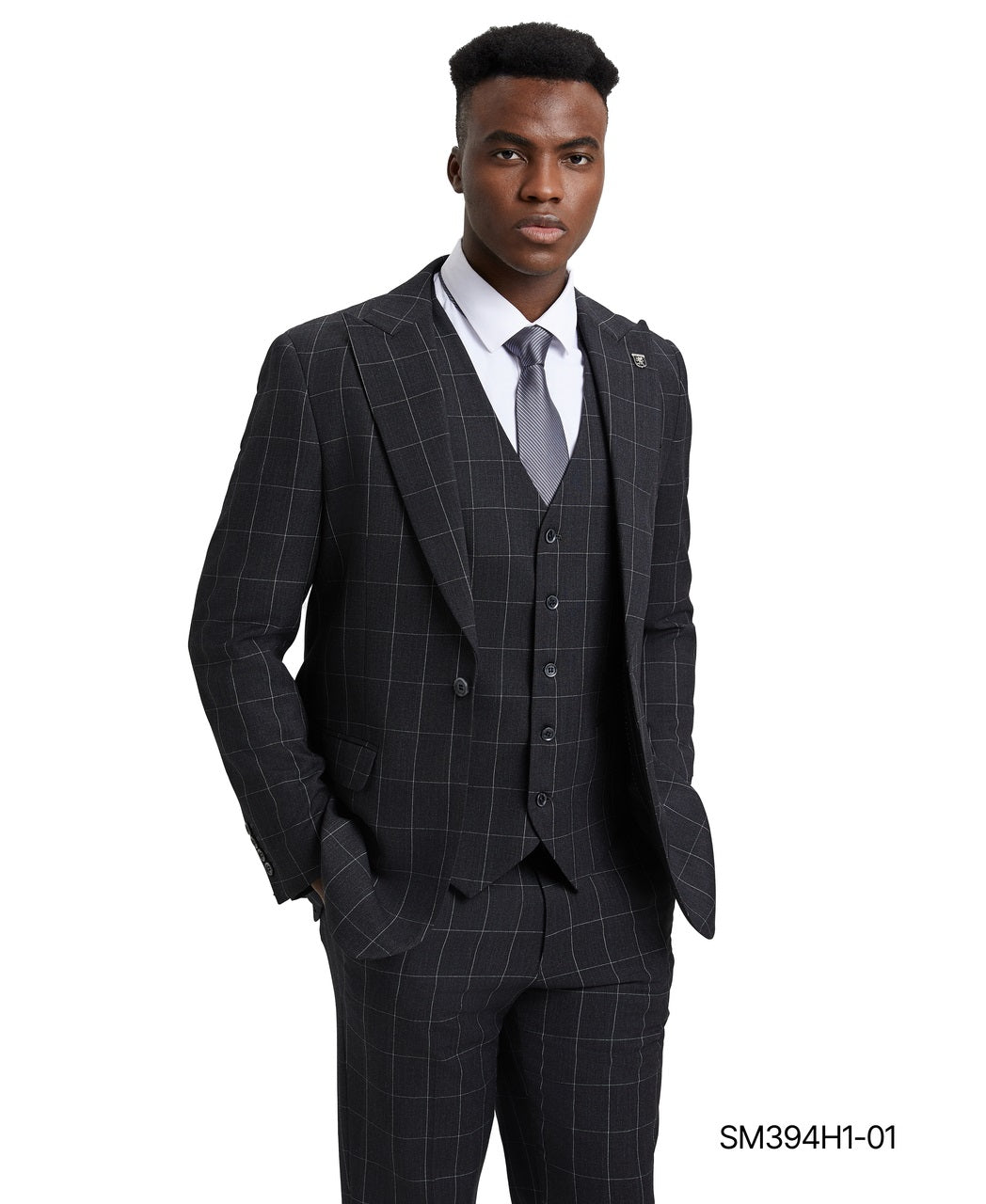 Dark Grey Windowpane 3 Piece Notch Lapel Stacy Adams Men's Hybrid Suit