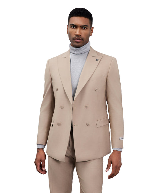 Solid Med Tan Double Breasted 2 Piece Notch Lapel Stacy Adams Men's Hybrid Suit
