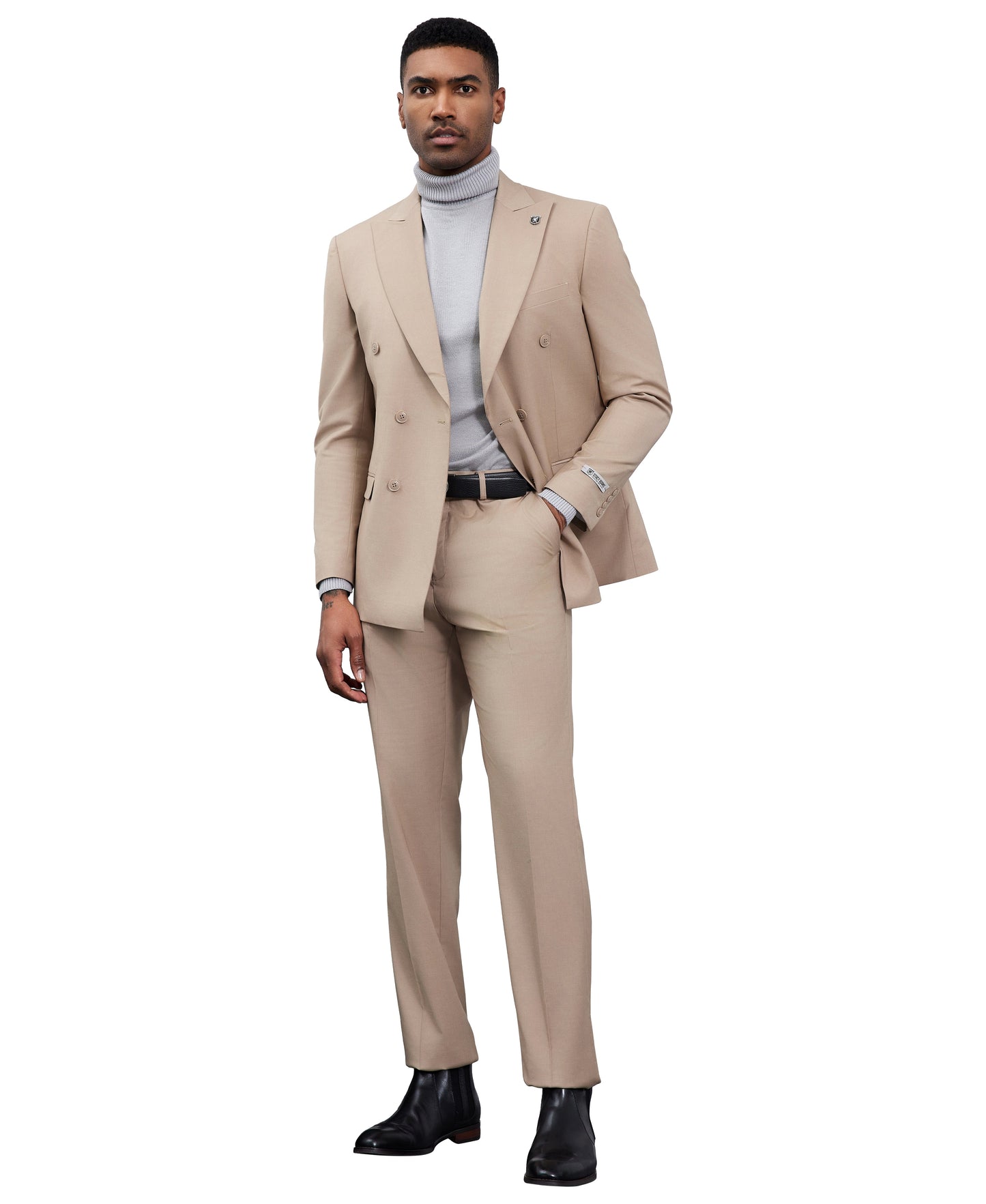 Solid Med Tan Double Breasted 2 Piece Notch Lapel Stacy Adams Men's Hybrid Suit