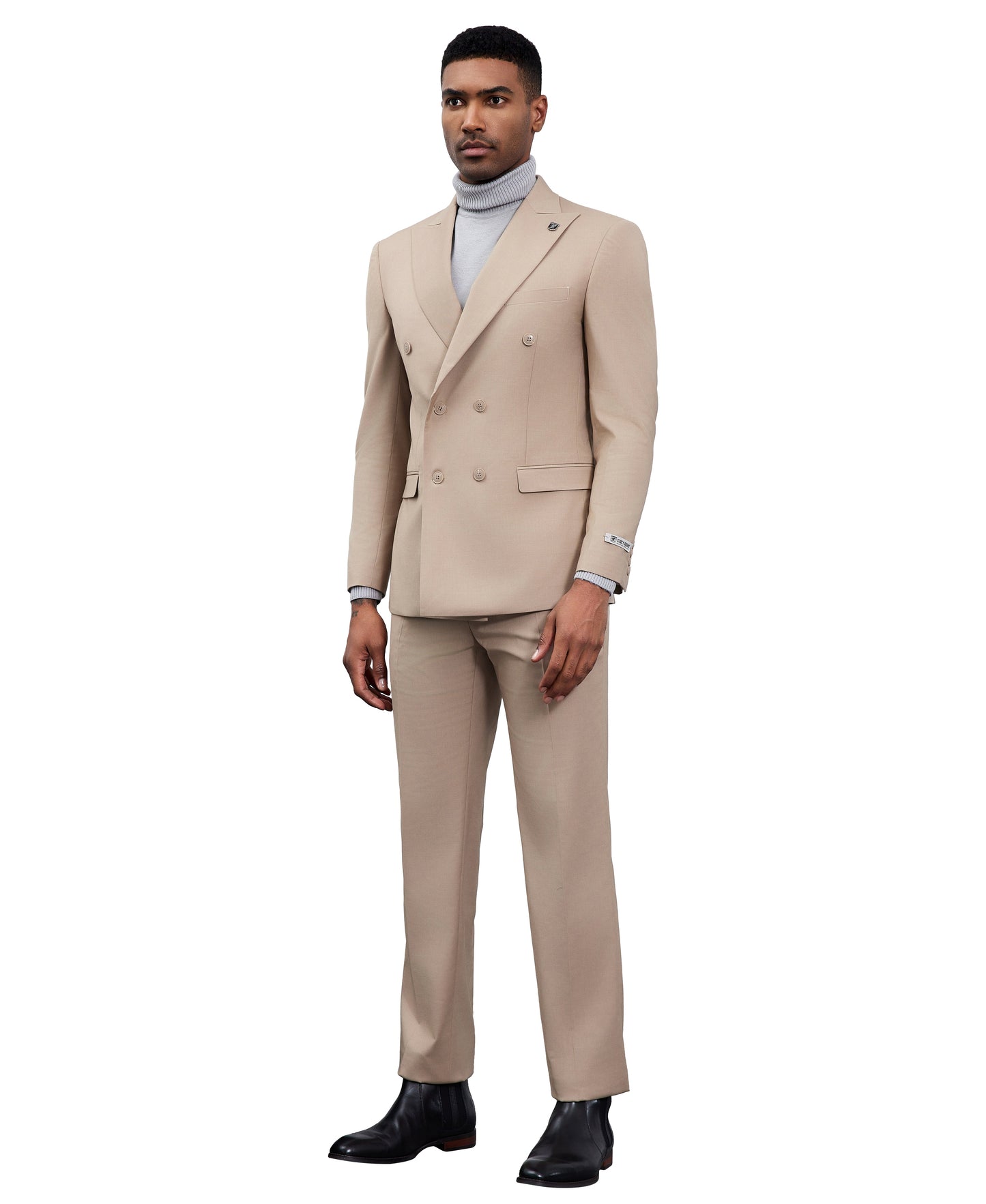 Solid Med Tan Double Breasted 2 Piece Notch Lapel Stacy Adams Men's Hybrid Suit