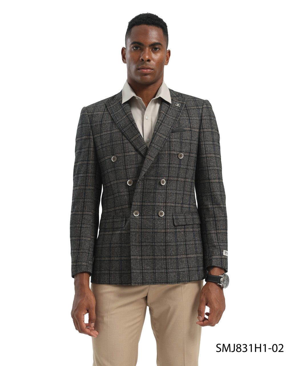 Brown Double Breasted Glen Plaid Peak Lapel Stacy Adams Men's Jacket