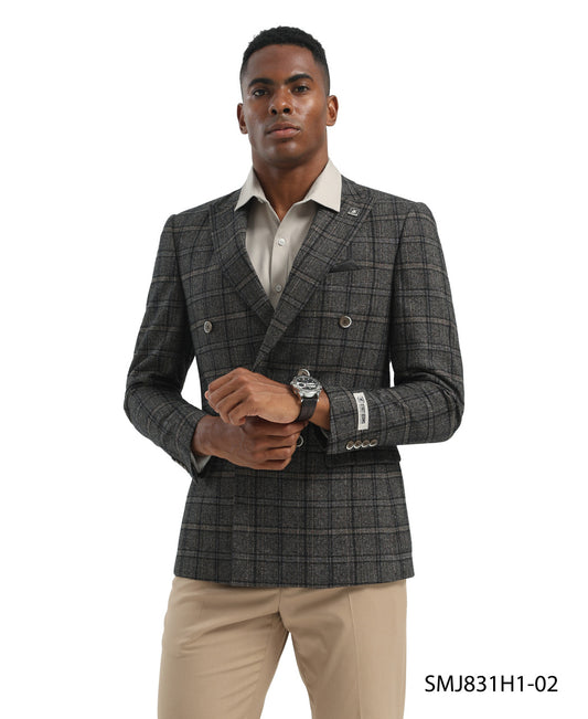Brown Double Breasted Glen Plaid Peak Lapel Stacy Adams Men's Jacket