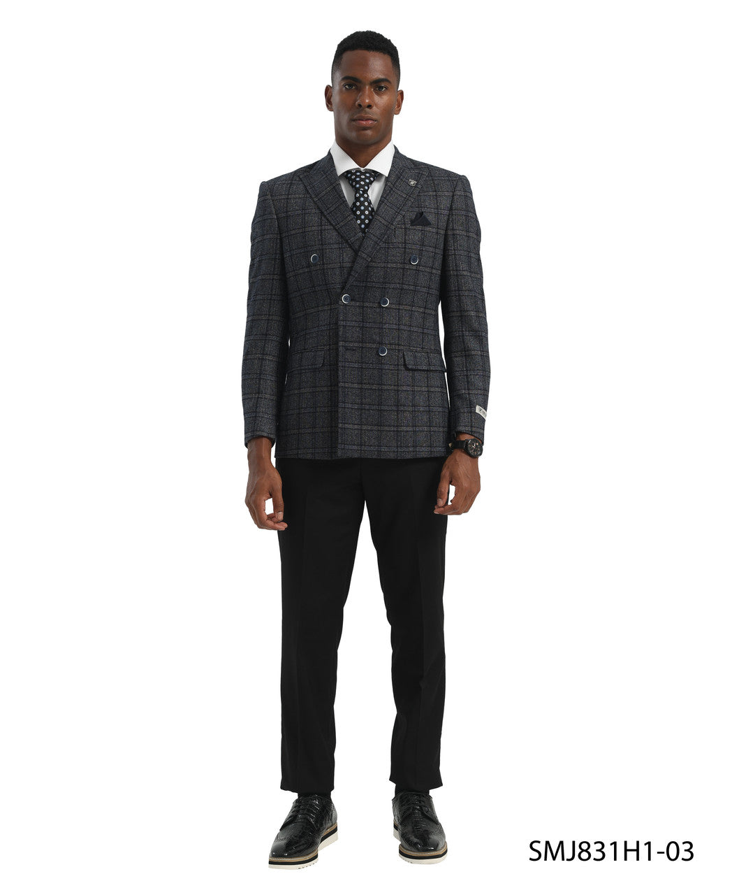 Navy Double Breasted Glen Plaid Peak Lapel Stacy Adams Men's Jacket