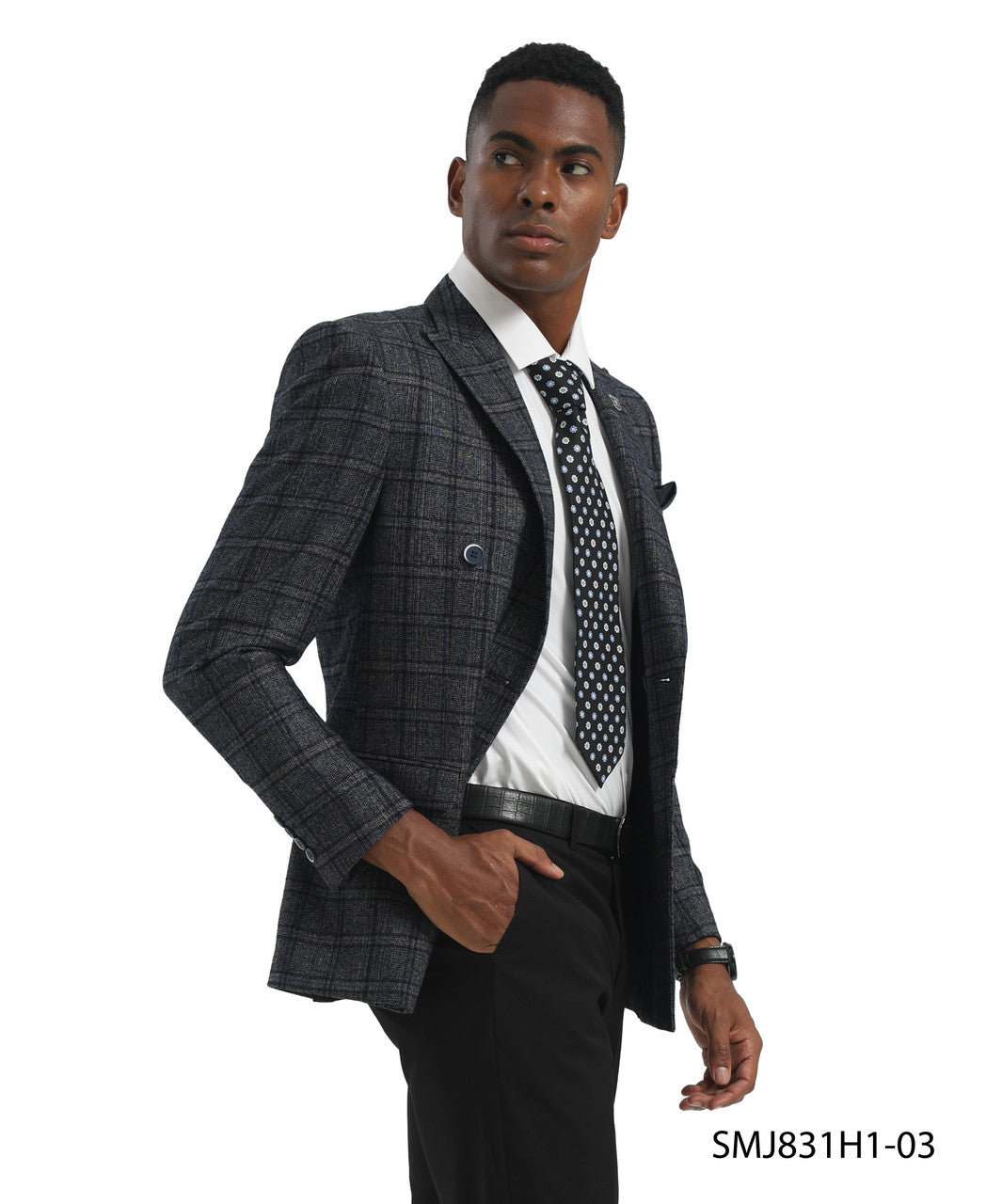 Navy Double Breasted Glen Plaid Peak Lapel Stacy Adams Men's Jacket